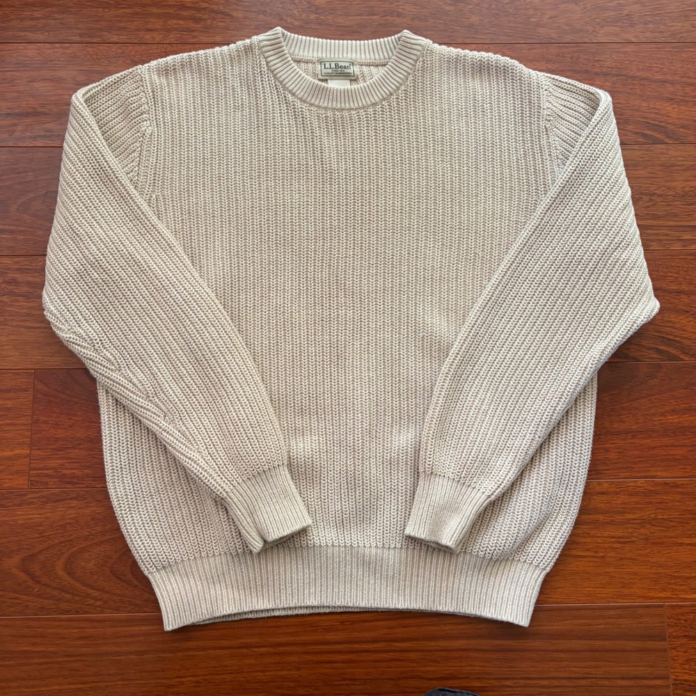 LL Bean Mens M Cotton Fisherman Sweater Cream Chunky Rib Knit Crewneck